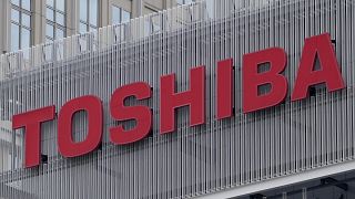 The logo of Toshiba Corp. is seen at a company's building in Kawasaki near Tokyo, on Feb. 19, 2022.