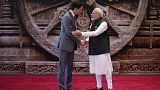 A kanadai és az indiai miniszterelnök az Indiában rendezett G20 csúcstalálkozón 2023. szeptember 9-én