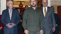 Ukrainian President Volodymyr Zelenskyy, with Senate Minority Leader Mitch McConnell, left, and Senate Majority Leader Chuck Schumer, Sept 21, 2023