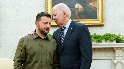 Volodimir Zelenszkij ukrán és Joe Biden amerikai elnök a Fehér Házban