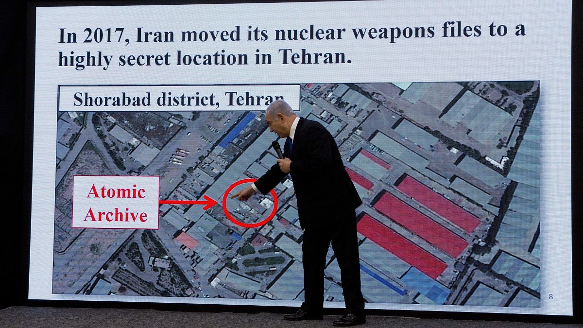 کنفرانس خبری بنیامین نتانیاهو در سال ۲۰۱۸ برای انتشار اسناد هسته‌ای ایران