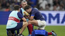 France's Antoine Dupont receives treatment during the Rugby World Cup Pool A match between France and Namibia at the Stade de Marseille. Sept 21, 2023de Marseille in Mar