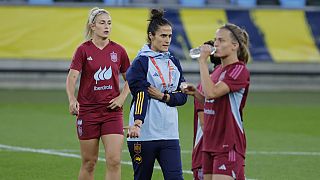 Spain's national soccer team coach Montse' Tomé leads a training session in Goteburg, ahead of the UEFA Nations League soccer match against Sweden, Thursday, Sept. 21, 2023.