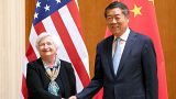 Treasury Secretary Janet Yellen, left, shakes hands with Chinese Vice Premier He Lifeng during a meeting at the Diaoyutai State Guesthouse in Beijing, China, July 8, 2023.