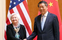 Treasury Secretary Janet Yellen, left, shakes hands with Chinese Vice Premier He Lifeng during a meeting at the Diaoyutai State Guesthouse in Beijing, China, July 8, 2023.