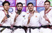 The 66 kilo category winners' podium at the Grand Slam in Baku, Azerbaijan, on Friday 22 September 2023.