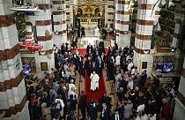 Pope Francis leaves the Notre Dame de la Garde Basilica at the end of a Marian prayer with the diocesan clergy, in Marseille, France, Friday, Sept. 22, 2023. 