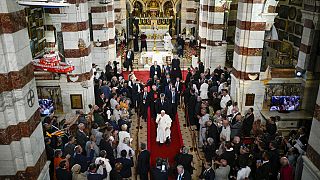 Pope Francis leaves the Notre Dame de la Garde Basilica at the end of a Marian prayer with the diocesan clergy, in Marseille, France, Friday, Sept. 22, 2023. 