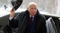 FILE - In this Feb. 28, 2013 file photo Italian President Giorgio Napolitano arrives for a meeting with German Chancellor Angela Merkel at the chancellery in Berlin, Germany