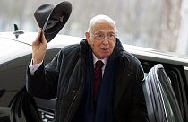 FILE - In this Feb. 28, 2013 file photo Italian President Giorgio Napolitano arrives for a meeting with German Chancellor Angela Merkel at the chancellery in Berlin, Germany