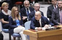 El ministro de Asuntos Exteriores de Polonia, Zbigniew Rau, durante la Asamblea General de la ONU, en Nueva York, donde declaró que la política hacia Ucrania no ha cambiado.