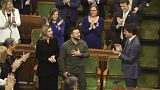 Ukrainian President Volodymyr Zelenskyy receives a standing ovation from Canadian Prime Minister Justin Trudeau and parliamentarians.