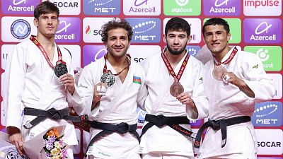 Le podium de -73 kg lors de la deuxième journée du Grand Slam de Bakou, en Azerbaïdjan, samedi 23 septembre 2023.