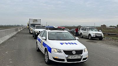 convoy of the Azerbaijani Ministry of Emergency Situations with humanitarian aid drive to Nagorno-Karabakh, which has been cut off from supplies since late last year. 