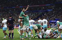 Ireland celebrate as they defeat South Africa during the Rugby World Cup
