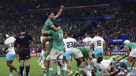 Ireland celebrate as they defeat South Africa during the Rugby World Cup