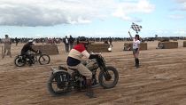 Vintage motorcyclists race on the Riva Vella in the 2023 Normandy Beach Race, Ouistreham, September 23rd 2023