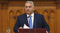 Hungarian Prime Minister Viktor Orban delivers his address on the opening day of the parliament's autumn session in Budapest, Hungary, Monday, Sept. 25, 2023. 