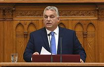 Hungarian Prime Minister Viktor Orban delivers his address on the opening day of the parliament's autumn session in Budapest, Hungary, Monday, Sept. 25, 2023. 