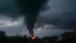 This grab taken from video distributed by Siranush Sargsyan's Twitter account on Monday, Sept. 25, 2023, shows smoke rising after a fuel depot explosion.