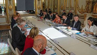 France's President Emmanuel Macron, third right, speaks at the opening of a special climate meeting at the Elysee Palace in Paris, Monday, 25 September 2023.
