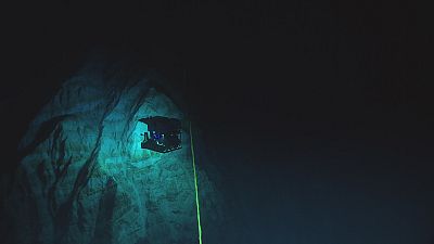 Vue du ROV Deep Discoverer explorant la fosse des Mariannes à une profondeur de 6 000 mètres en 2016.