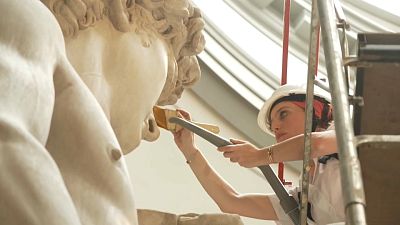 Face to face with David, restorers care for Michaelangeol's original marble masterpiece, Florence, Italy, September 2023