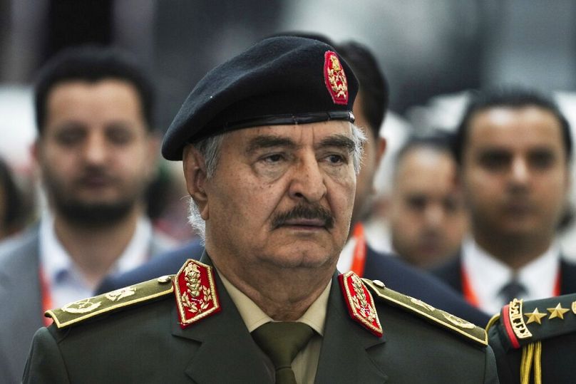 Libya's Khalifa Hifter, the commander of the self-styled Libyan National Army, is seen at the International Defense Exhibition and Conference in Abu Dhabi, February 2023