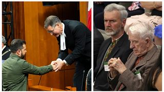 A sinistra: Rota saluta Zelensky. A destra: l'ex soldato nazista. (Ottawa, 22.9.2023)