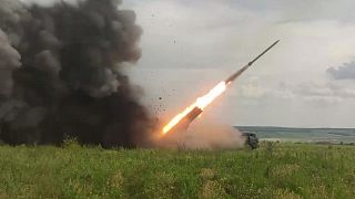 Footage taken and released by the Russian Ministry of Defence, Russian troops fire artillery from a military vehicle in an undisclosed area allegedly in Ukraine.