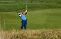 Europe's Jon Rahm play his shot at the Ryder Cup golf tournament at the Marco Simone Golf Club in Guidonia Montecelio, Italy, Friday, Sept. 29, 2023. 