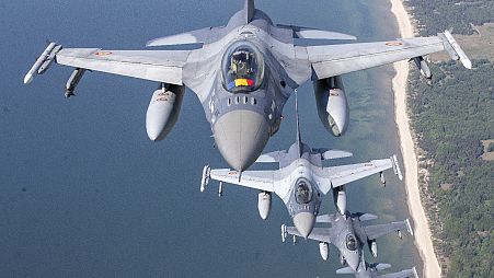 Romanian and Portuguese military jets take part in a NATO Baltic Air Policing Mission mission over the Baltic Sea, Lithuanian airspace, May 22, 2023.