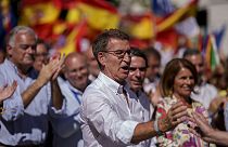 Alberto Feijoo, leader of the mainstream conservative Popular Party, waves during a rally in Madrid, Spain, Sunday, 24 September 2023. 