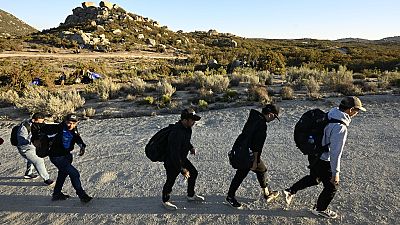 Asylum-seekers walk to a U.S. Border Patrol van after crossing the nearby border with Mexico, Tuesday Sept. 26, 2023