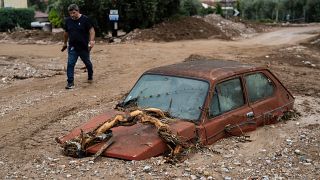 سيارة طمرها الوحل بعد الفيضانات التي ضربت قرية أغريا بالقرب من فولوس في اليونان