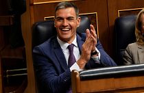 Acting Prime Minister Pedro Sanchez applauds at the Spanish parliament's lower house in Madrid