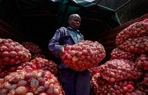 Timothy Kinyua unloads sacks of onions from Ethiopia at an open market in Nairobi, Kenya, 12 September, 2023.