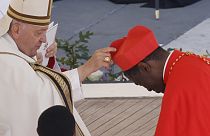 Newly elected Cardinal Protase Rugambwa, coadjutor archbishop of Tabora, Tanzania, receives his biretta from Pope Francis in St. Peter's Square at The Vatican, Sept. 30, 2023