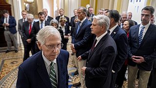 Senate Minority Leader Mitch McConnell, after a closed-door caucus meeting about preventing a federal government shutdown, Saturday, Sept. 30, 2023.
