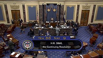 This image from U.S. Senate video shows the vote total, 88-9, on a temporary funding bill in the Senate at the U.S. Capitol in Washington, Saturday, Sept. 30, 2023. 