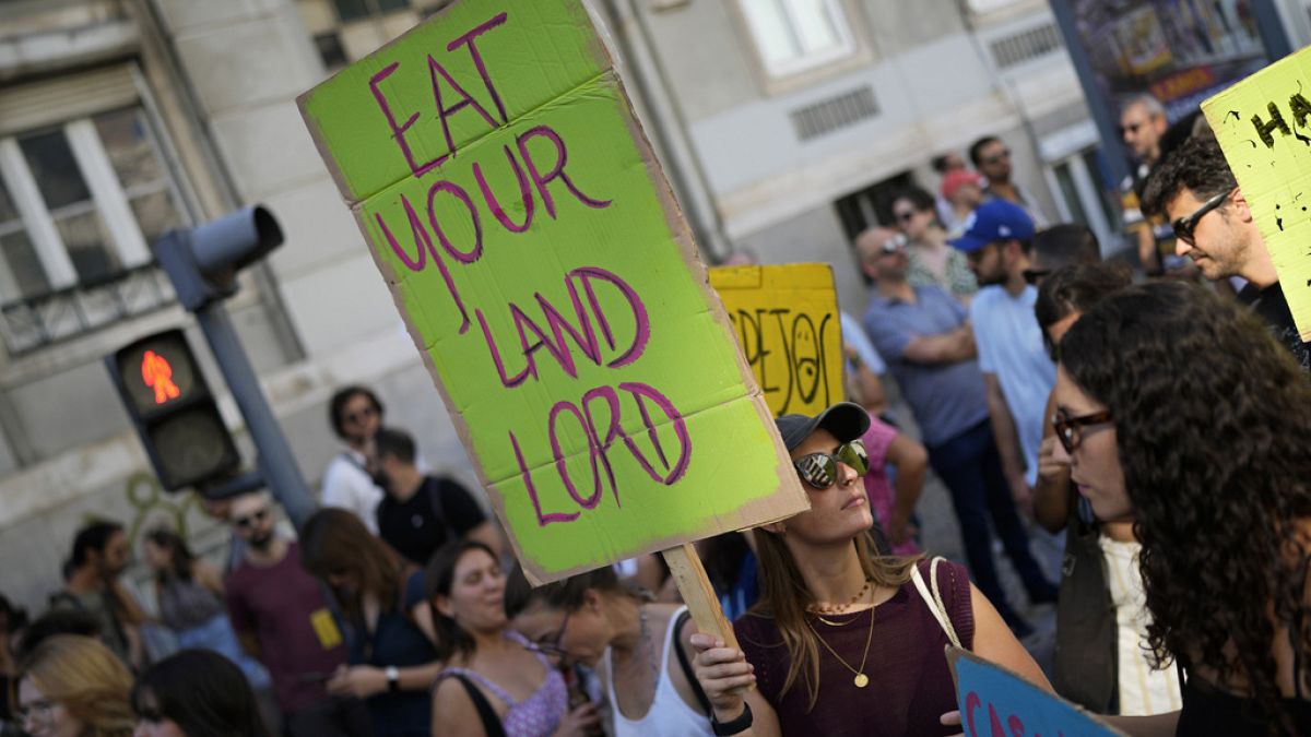 A sign at a demonstration demanding better housing policies in Lisbon. Sept. 30, 2023. 