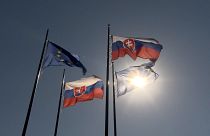 FILE - Slovak and EU flags flying in Slovakia