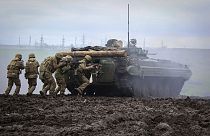 FILE -Ukrainian soldiers during training at the frontline in Donetsk region, Ukraine, Saturday, April 15, 2023.