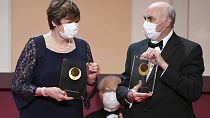 FILE - Japan Prize 2022 laureates Hungarian-American biochemist Katalin Kariko, left, and American physician-scientist Drew Weissman