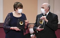 FILE - Japan Prize 2022 laureates Hungarian-American biochemist Katalin Kariko, left, and American physician-scientist Drew Weissman