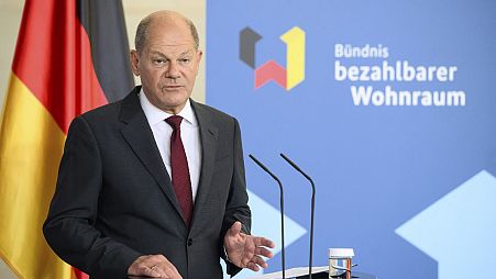 German Chancellor Olaf Scholz speaks at a meeting at the Federal Chancellery in Berlin, Sept. 25, 2023. 