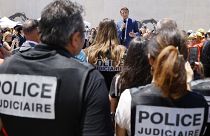 French President Emmanuel Macron speaks...during a visit at the construction site of the Baumettes 3 prison building in Marseille, France, Monday, June 26, 2023.