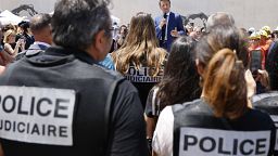 French President Emmanuel Macron speaks...during a visit at the construction site of the Baumettes 3 prison building in Marseille, France, Monday, June 26, 2023.