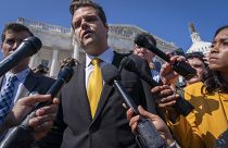 Rep. Matt Gaetz, R-Fla., left, after speaking on the House floor, at the Capitol in Washington, Monday, Oct. 2, 2023. 