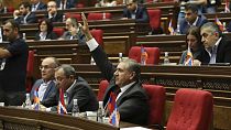 Armenian lawmakers attend the session of the National Assembly of the Republic of Armenia in Yerevan, Armenia, Tuesday, Oct. 3, 2023. 